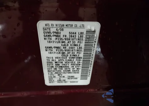 2009 Nissan Murano Sl z USA, uszkodzony, nr VIN JN8AZ18U79W016945